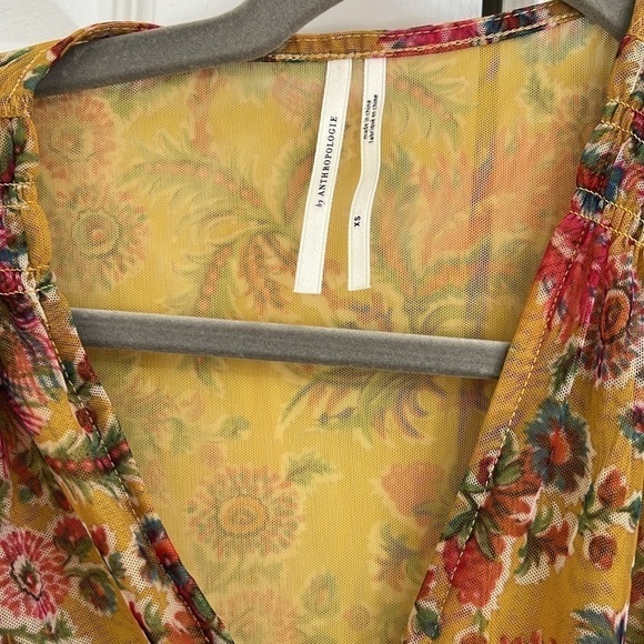 Anthropologie Gretchen Yellow Mesh Floral Print Smocked Top Blouse - Picture 3 of 9